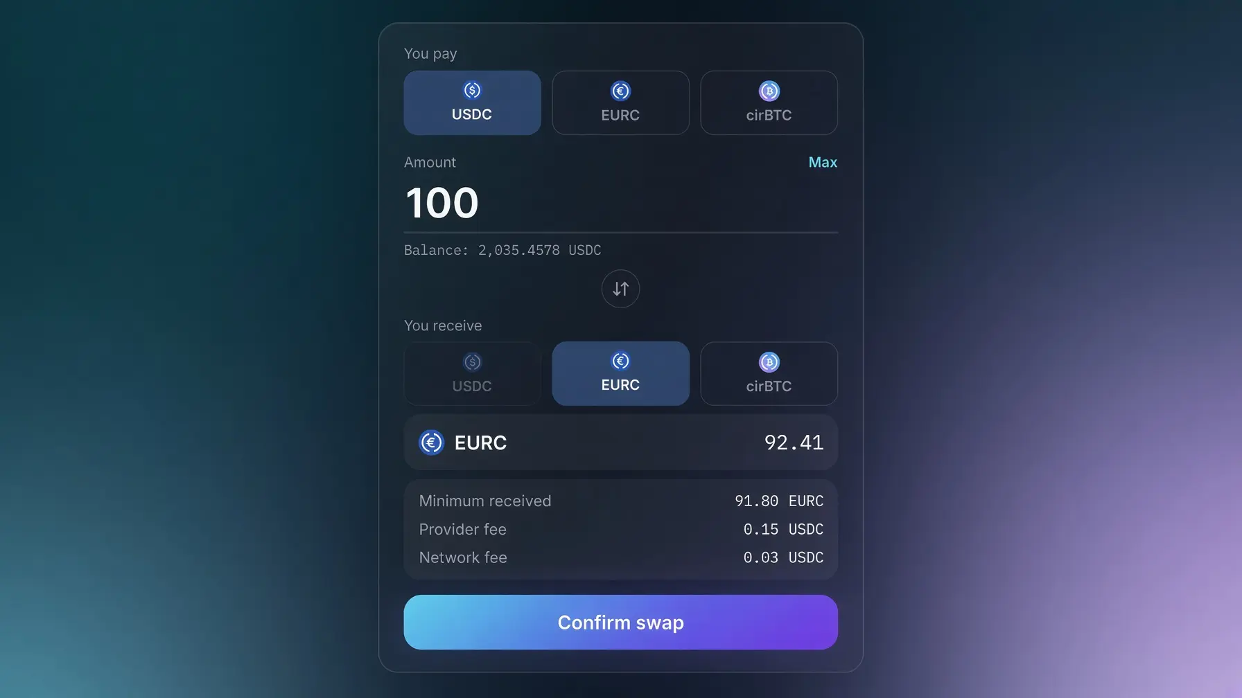 Swapping stablecoins in the vLitePay app
