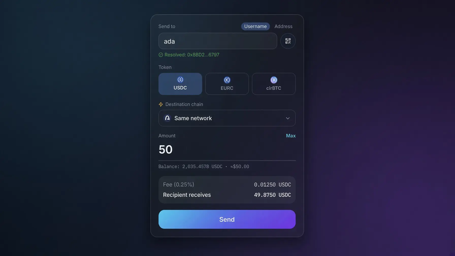 Sending stablecoins in the vLitePay app